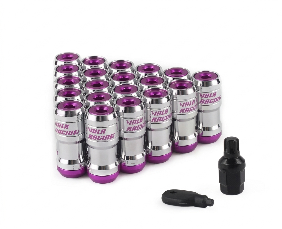SET DE 20 TUERCAS M12x1.25mm DOBLE SEGURIDAD LLANTAS VOLK RACING. COLOR MORADO