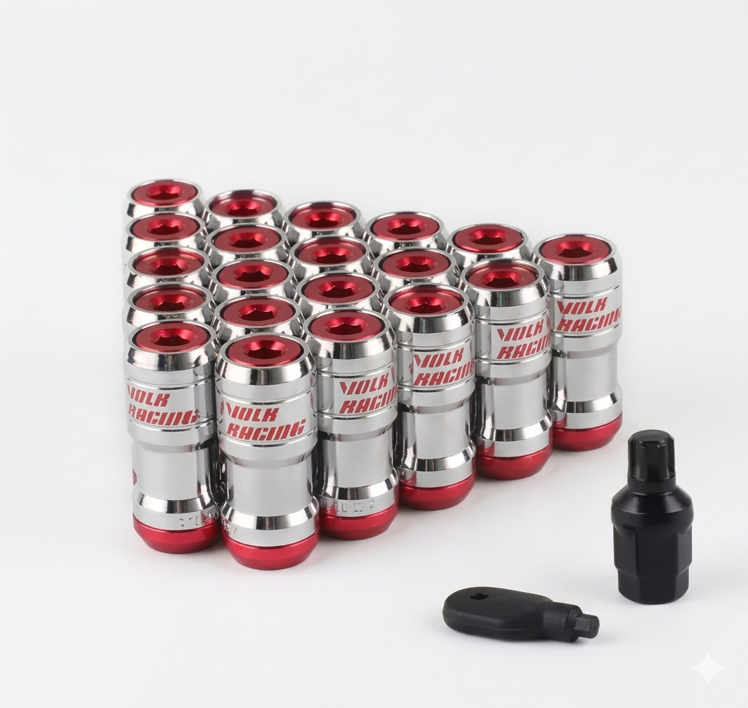 SET DE 20 TUERCAS DOBLE SEGURIDAD LLANTAS VOLK RACING M12x1.25mm. COLOR ROJO