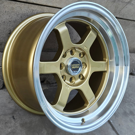 SET DE 4 LLANTAS VOLK TE37. Aro 15 - 4x100, 4x114. Doble Apernadura. Color Dorado Aro Cromado. (60223)