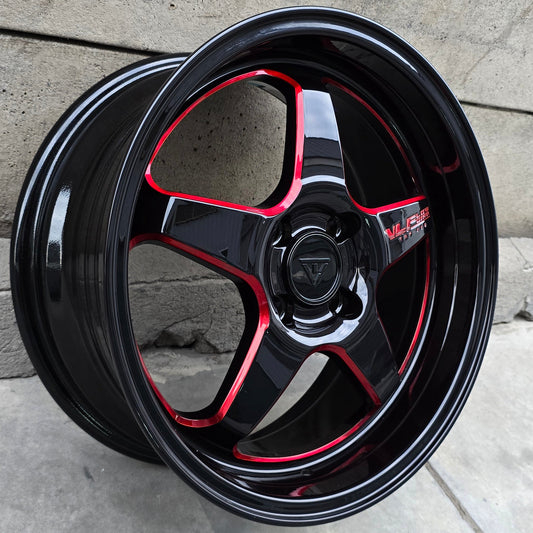 SET DE 4 LLANTAS VLF RACING. Aro 16 - 4x100. Color Negro con Rojo. (VLF-W20)