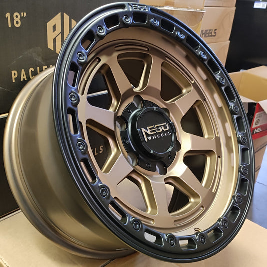 SET DE LLANTAS NEGU. Aro 17-6x139 .Color Bronce Aro Negro .(JINGJI).
